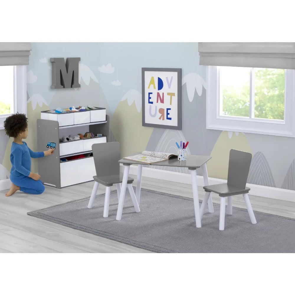 Children 4-Piece Toddler Playroom Set – Includes Play Table with Dry Erase Tabletop and 6 Bin Toy Organizer, Grey/White