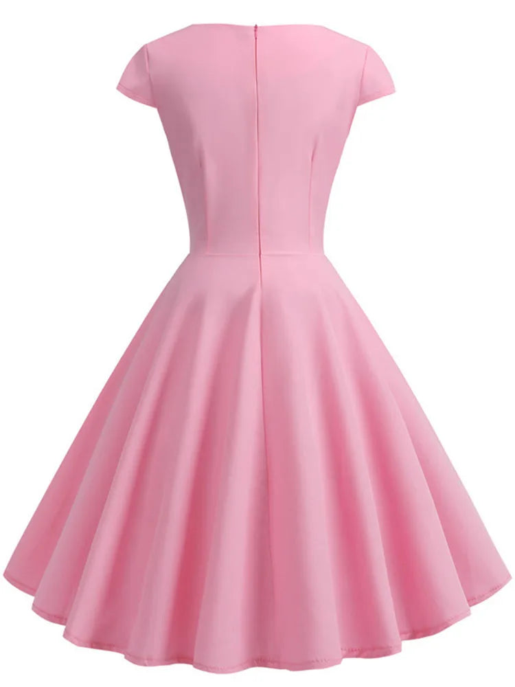 Robe d'été rose femmes col en V grande balançoire Robe Vintage Robe Femme élégant rétro pin up fête bureau robes mi-longues