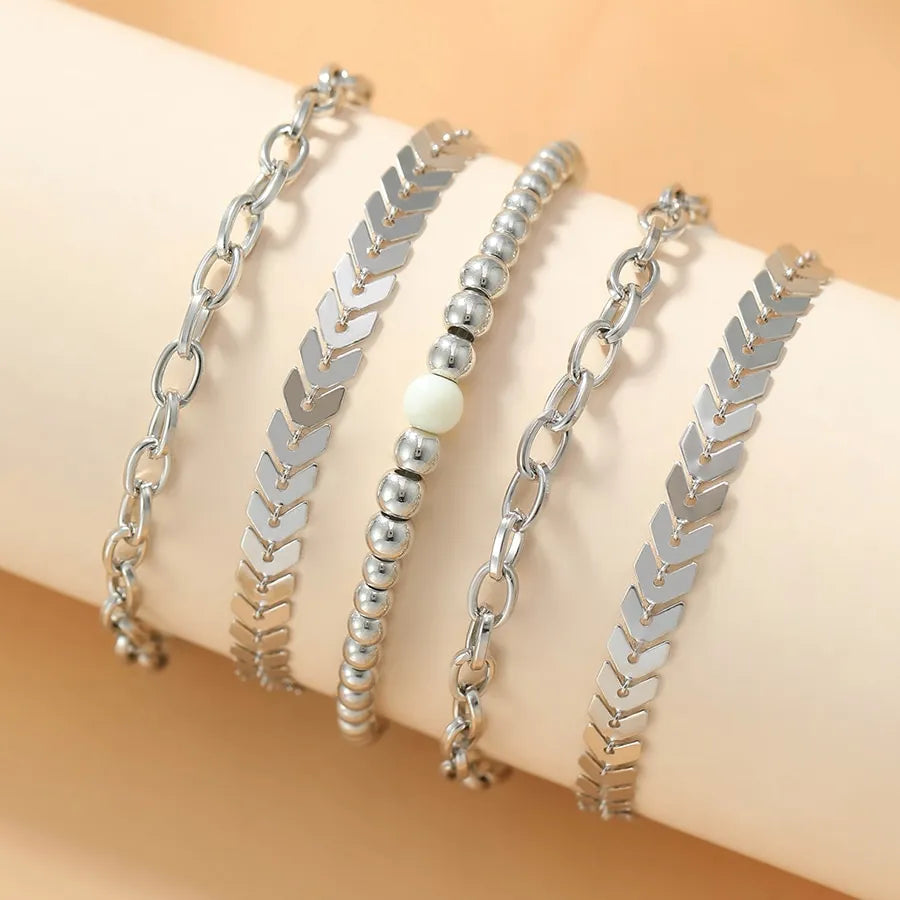 6pc Simple Silver Quartz Watch With Bracelet For Women Casual Fashion Round Simple Silver Watch Dainty Wheat Bracelets Set