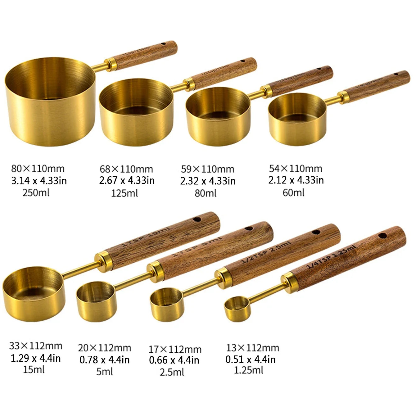 Lot de 8/4 cuillères à mesurer de cuisson avec manche en bois et acier inoxydable, cuillères polyvalentes, accessoires de cuisson, gadgets de cuisine