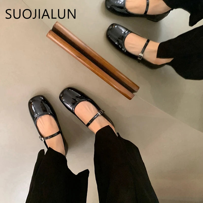 SUOJIALUN 2023 novedad de verano, zapatos Mary Jane para mujer, vestido informal suave para exteriores, zapatos de Ballet planos con punta redonda, zapatos planos sin cordones poco profundos