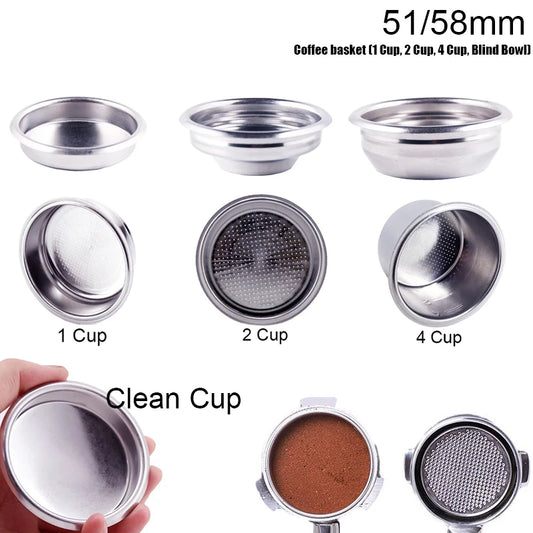 1 Uds. 51mm 58mm 1 taza 2 tazas 4 tazas filtro cesta de filtro de repuesto para portafiltro sin fondo de café