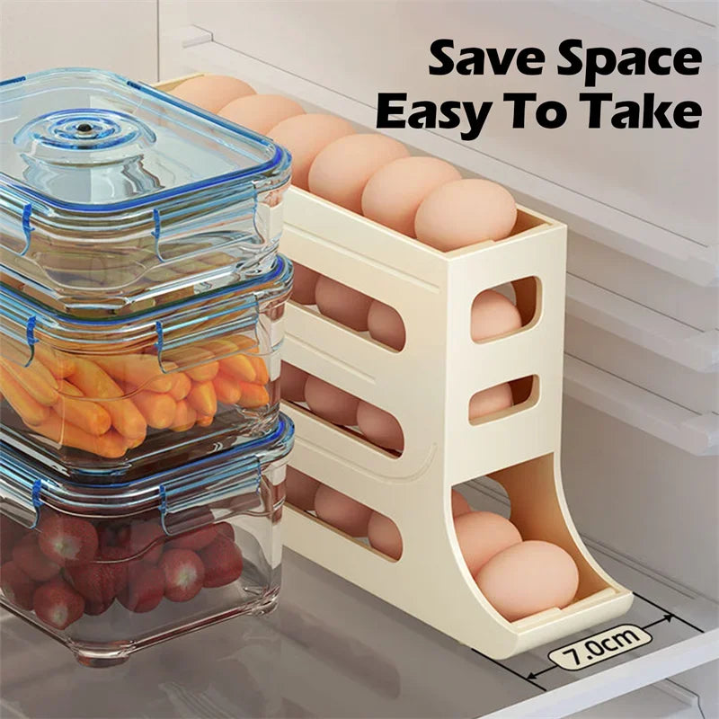 Caja de almacenamiento de huevos para refrigerador, soporte para huevos con desplazamiento automático, gran capacidad, organizador de almacenamiento de huevos rodante dedicado para Cocina