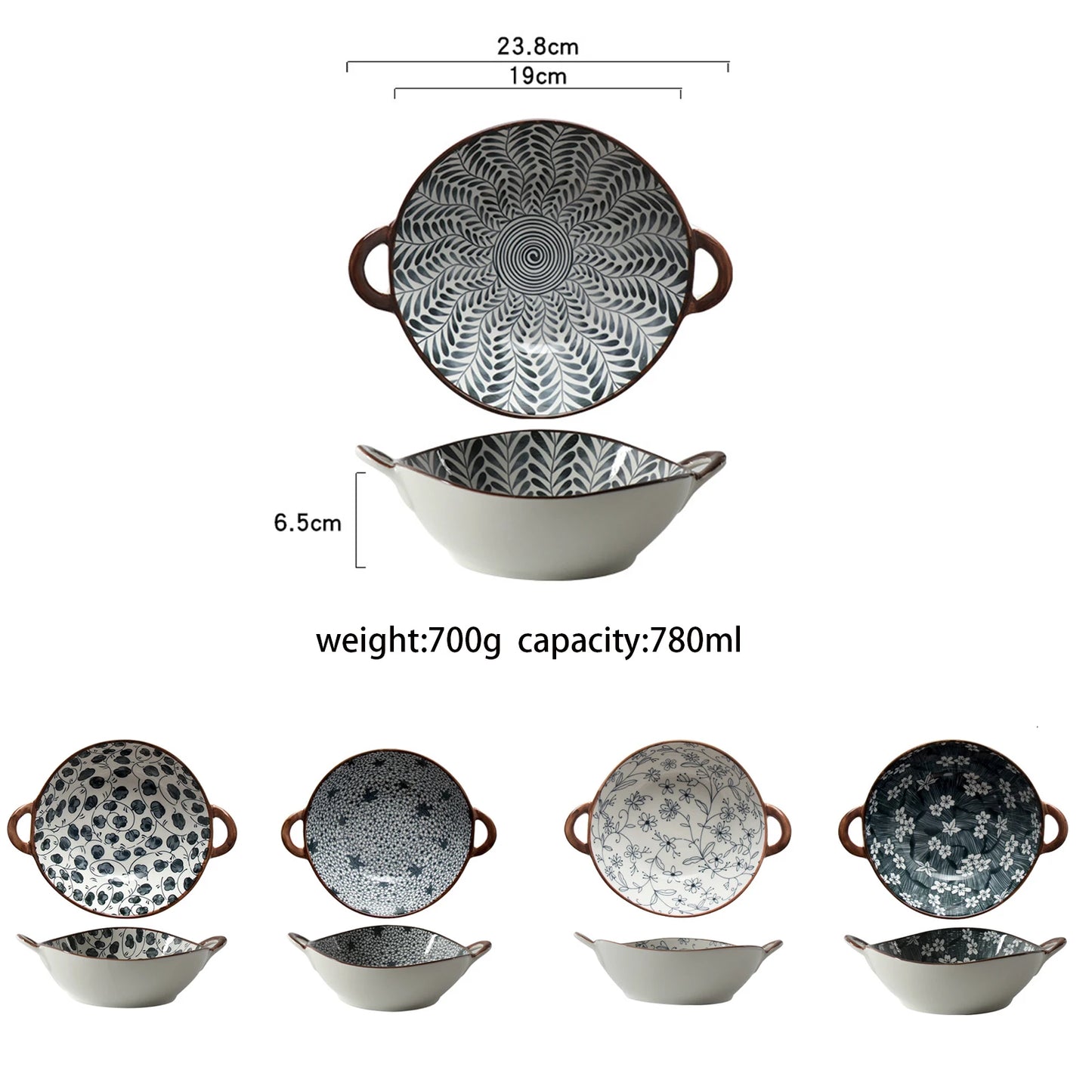 YWDL 780ml Japanese Soup Bowl With Handle Ceramic Salad Bowl Kitchen Tableware Pasta Dish Bowl Microwave Oven Bakware Pan