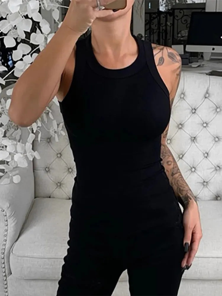 Women Solid Round Neck Ribbed Tank Top Camisole Women Summer Basic Elastic Tank Top O Neck Solid Tank Top