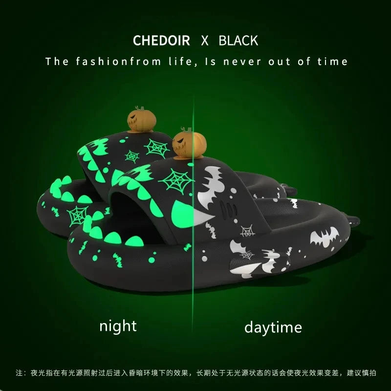 Halloween Pumpkin Night Light Shark Slippers Women Luminous Sandal Couple Home Non-slip Creative Slides Men Outside Flip Flops