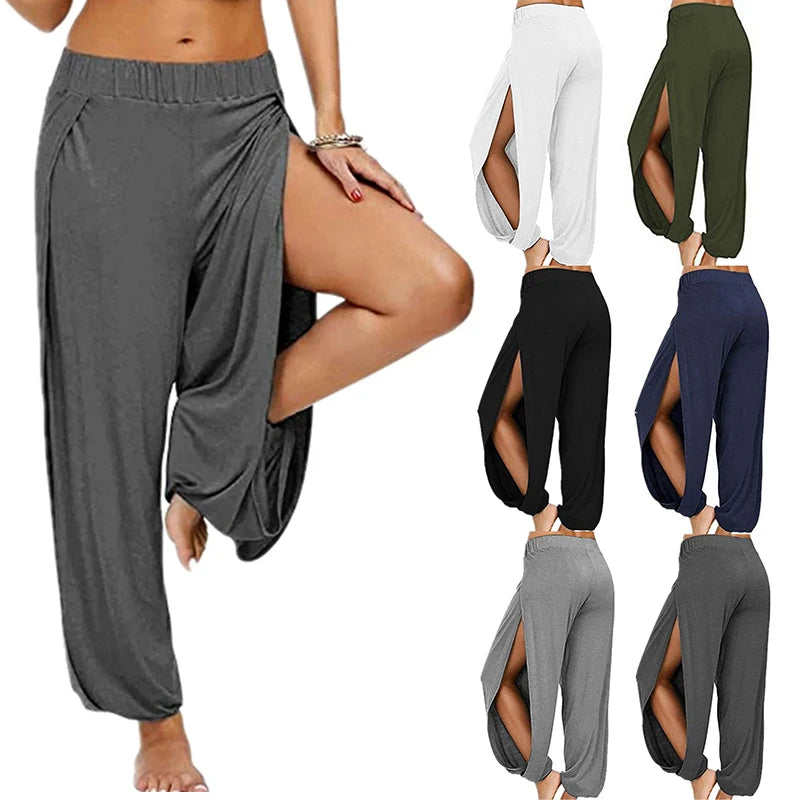 Women Fashion Yoga Pants High Waisted Slit Wide Leg Haren Pants Gym Leggings Casual Solid Hollow Workout Trousers Gym Home Wear