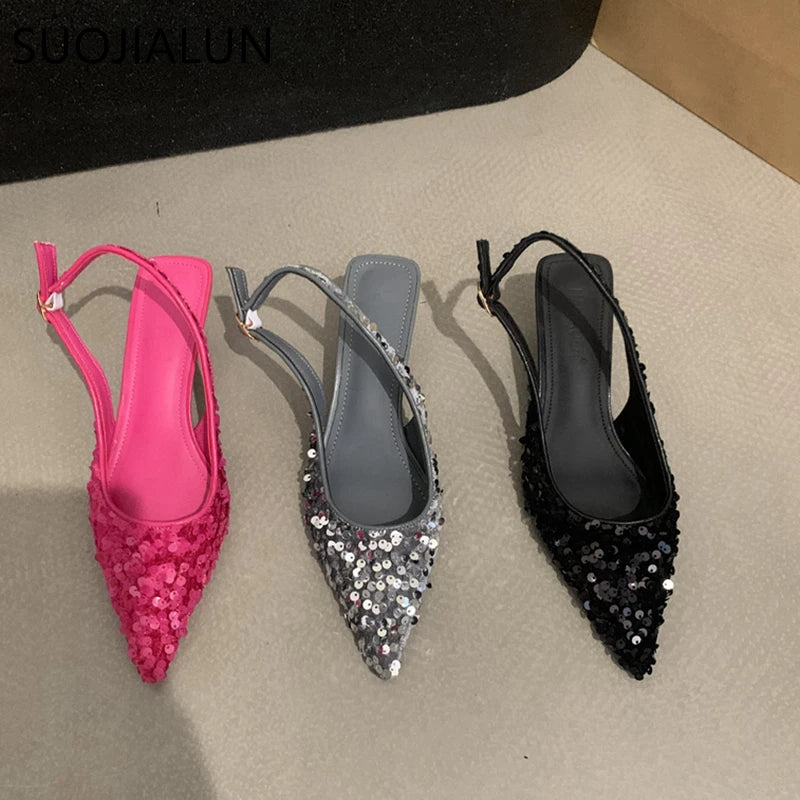 SUOJIALUN 2023 nouveau Bling femmes sandale mode bout pointu peu profond sans lacet dames élégant Slingback chaussures Med talon pompes chaussures