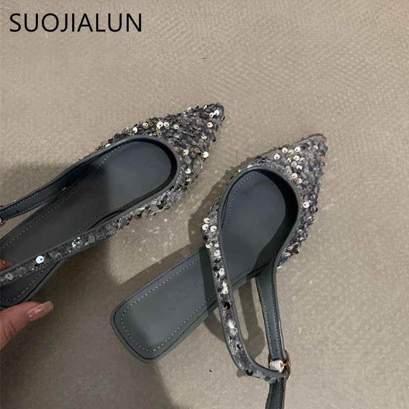 SUOJIALUN 2023 nouveau Bling femmes sandale mode bout pointu peu profond sans lacet dames élégant Slingback chaussures Med talon pompes chaussures