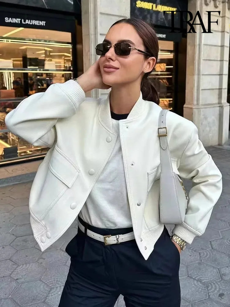 TRAF femmes mode avec poches Bomber veste manteaux Vintage à manches longues bouton avant décontracté vêtements de dessus pour femmes Chic hauts