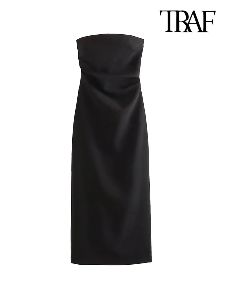 TRAF-vestido Midi sin tirantes para Mujer, vestido Sexy con cuello recto y abertura en la espalda, Vestidos para Mujer