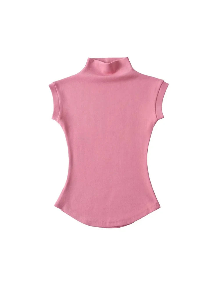 Camisetas sin mangas con cuello alto para mujer, Tops sexys de verano, jerséis ajustados lisos, camisetas informales, ropa de calle para mujer, camisetas básicas