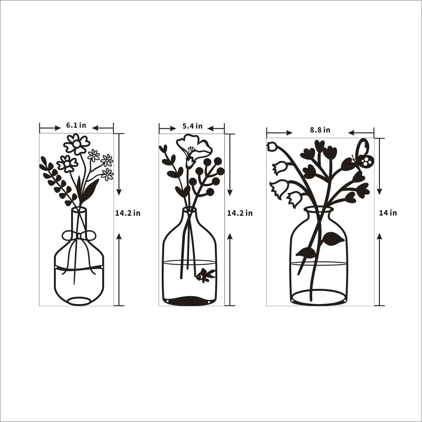 Lot de 3 vases muraux en métal noir à suspendre pour décoration murale, sculptures murales en métal, pour cuisine, salle de bain, chambre à coucher