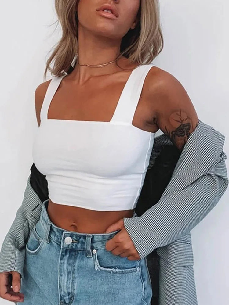 Square Neck Sleeveless Summer Crop Top White Women Black Casual Basic T Shirt Off Shoulder Cami Sexy Backless Tank Top