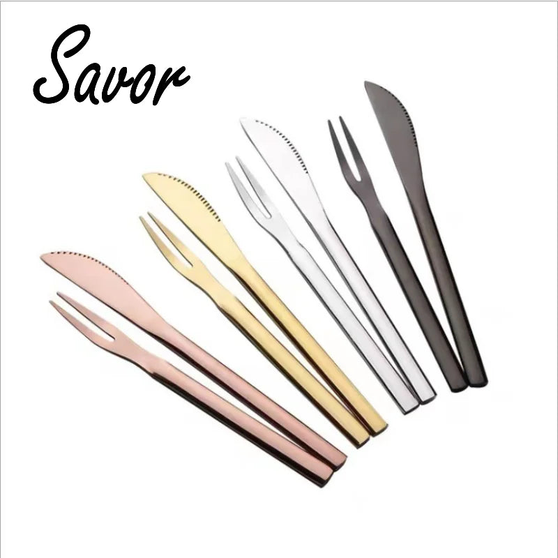 Stainless steel moon cake knife fork dessert small  golden two tooth fruit