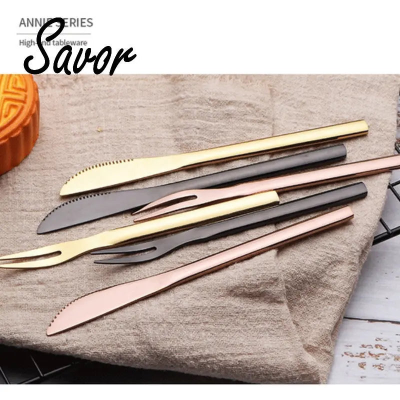 Stainless steel moon cake knife fork dessert small  golden two tooth fruit