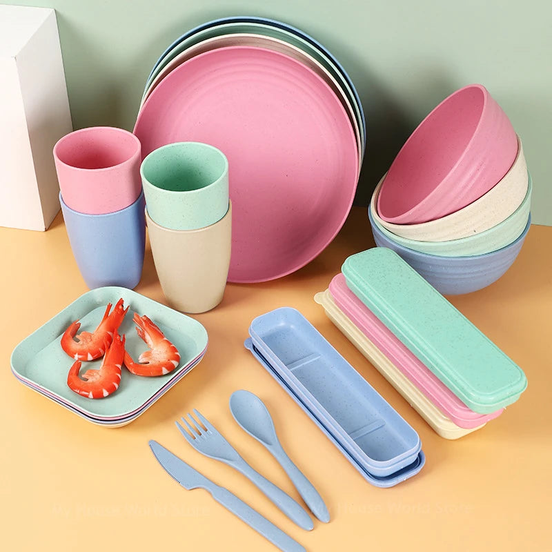 Ensembles de vaisselle en paille de blé, vaisselle incassable, assiettes à dîner réutilisables, assiettes et bols pour enfants, ensembles de vaisselle