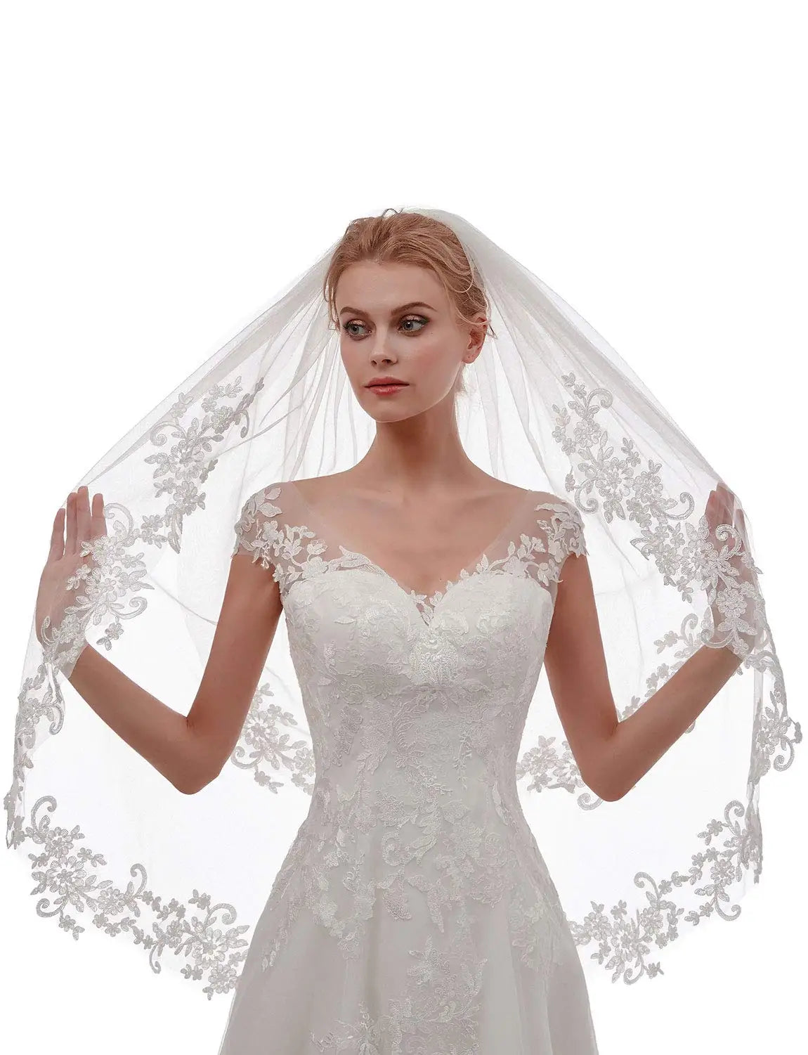 Voile de mariée court en dentelle à 2 niveaux pour femmes avec peigne