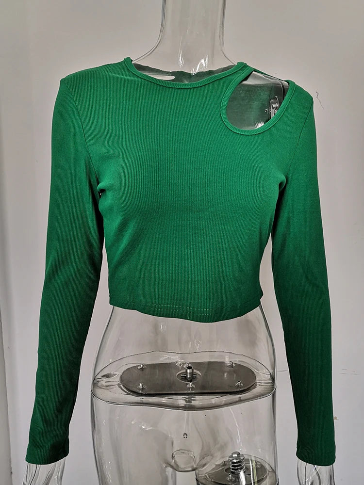 Otoño Invierno Ribber camisetas de punto mujeres verde primavera recortado blanco básico largo manga Crop Tops camisetas Casuales