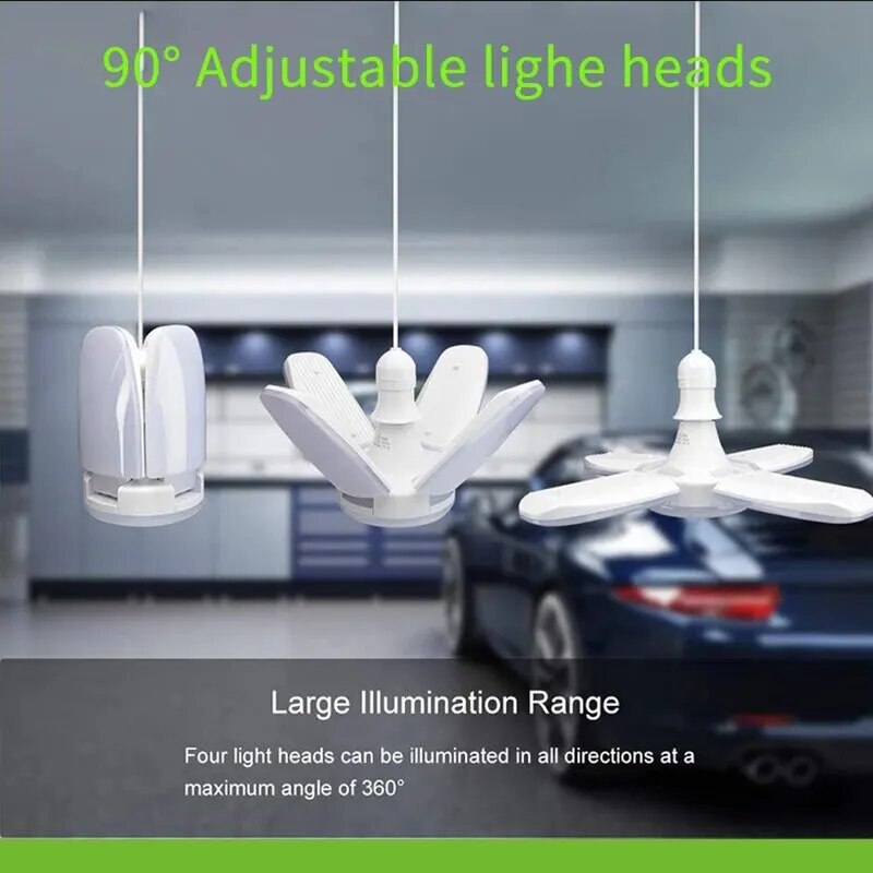 Lámpara LED plegable E27, luz de tres hojas, alto brillo, Mini bombilla plegable Deformable, ventilador de presión ancha de 28W, garaje para taller