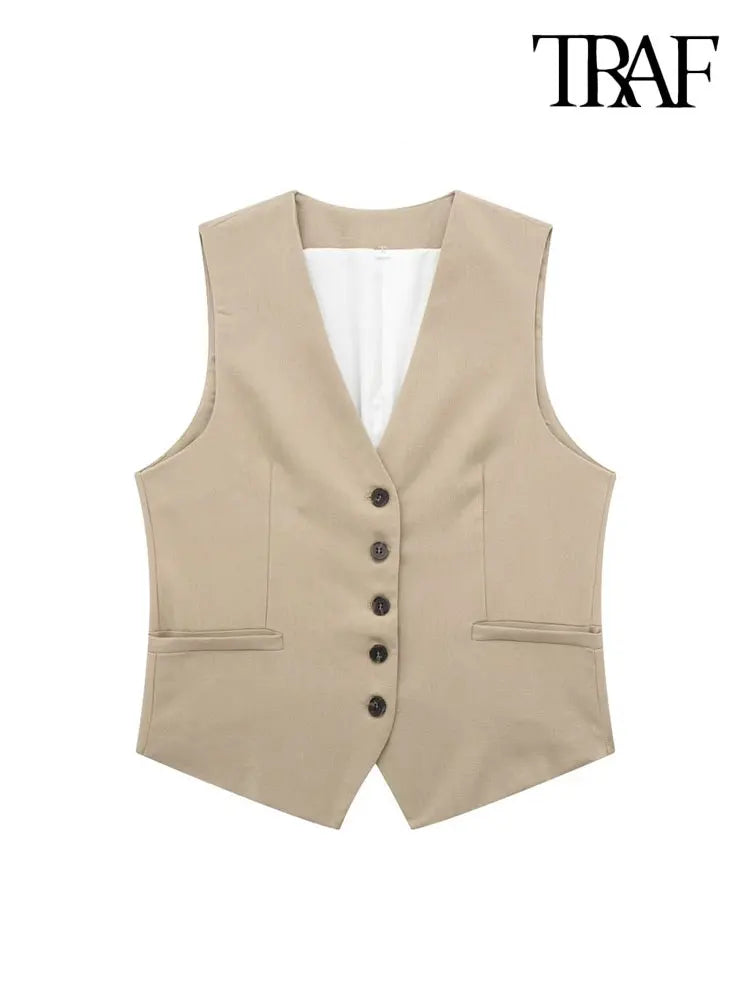 TRAF Women Fashion Front Button Linen Waistcoat Vintage V Neck Sleeveless Female Outerwear Chic Vest Tops