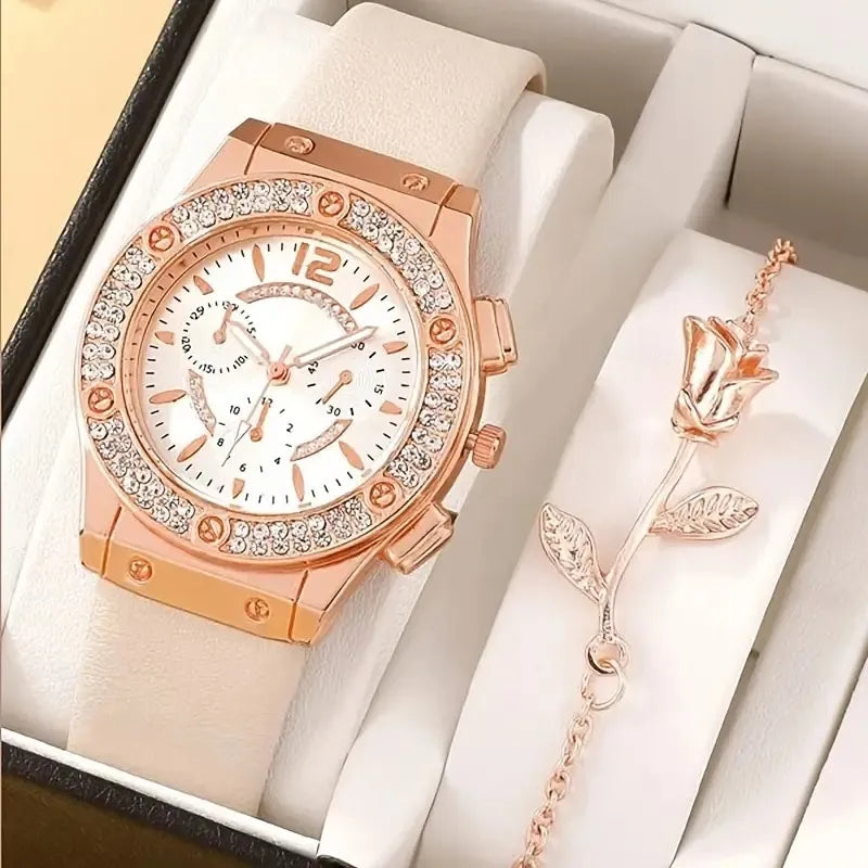 Conjunto de relojes de lujo con diamantes de imitación para mujer, elegante reloj de pulsera de cuarzo para niña, reloj femenino