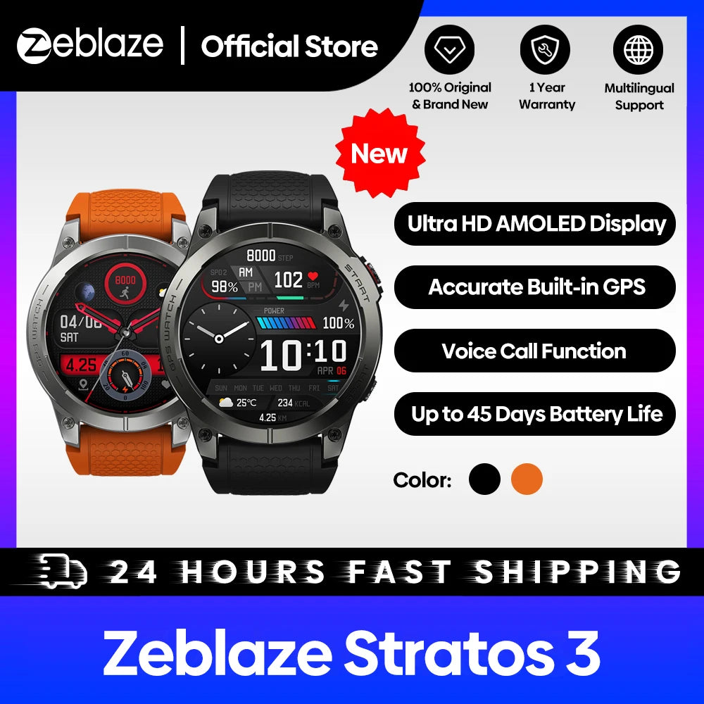 [Phare 2023] Zeblaze Stratos 3 Montre intelligente GPS Premium Écran AMOLED Ultra HD GPS intégré Hi-Fi Bluetooth Appels téléphoniques