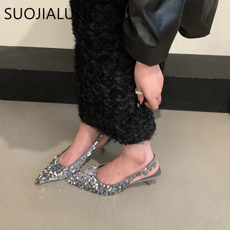 SUOJIALUN 2023 nouveau Bling femmes sandale mode bout pointu peu profond sans lacet dames élégant Slingback chaussures Med talon pompes chaussures