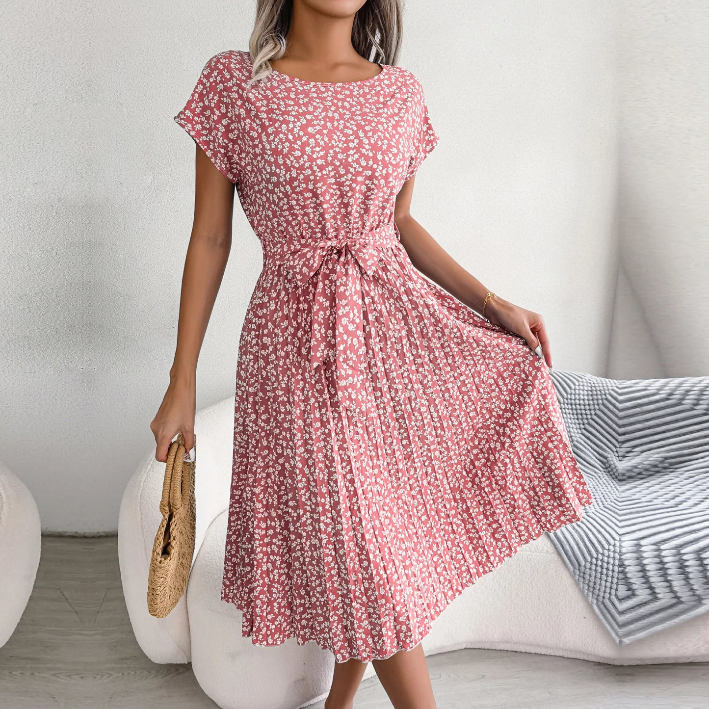 Robe longue plissée à fleurs pour femmes, manches courtes, taille haute, Chic, mode, ligne A, printemps été