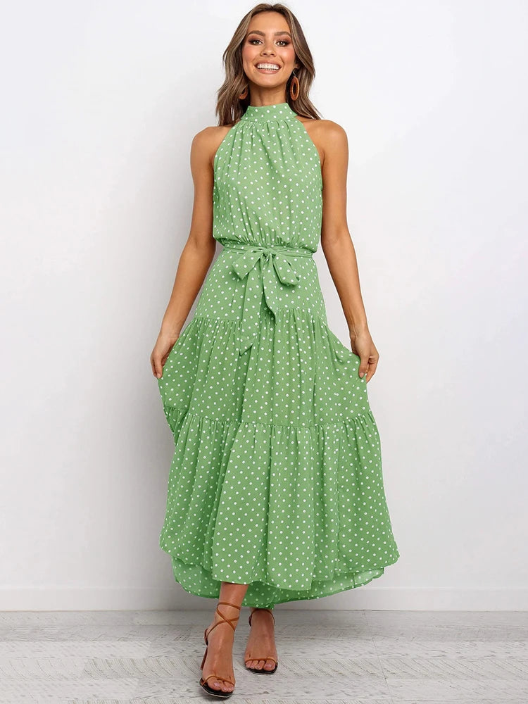 Robe longue d'été à pois, tenue décontractée, noire, Sexy, col licou, sans bretelles, jaune, vêtements de vacances pour femmes, nouvelle collection 2022