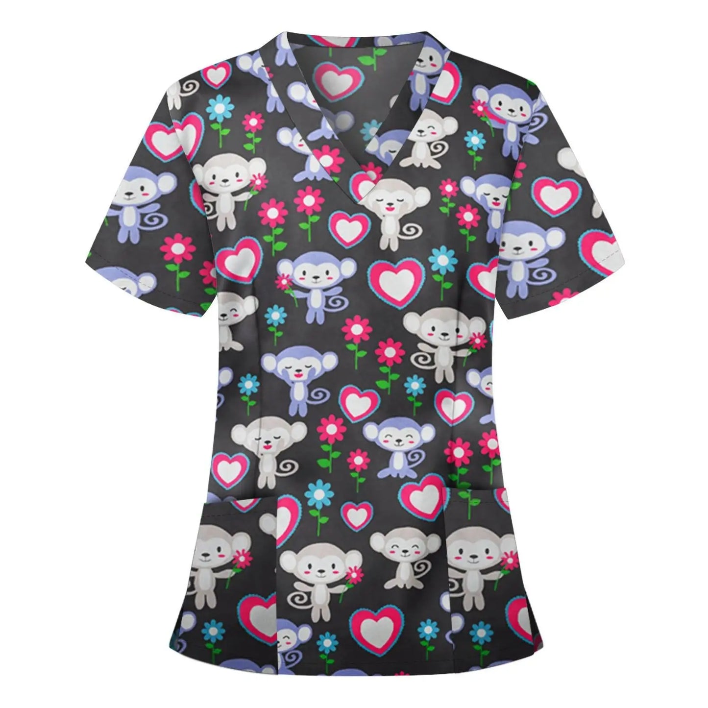 Uniforme de trabajo para mujer, estampado de animales, dibujos animados, gato, perro, manga corta, Tops con cuello en V, blusa para mujer, Ropa de Trabajo de enfermera, uniformes médicos