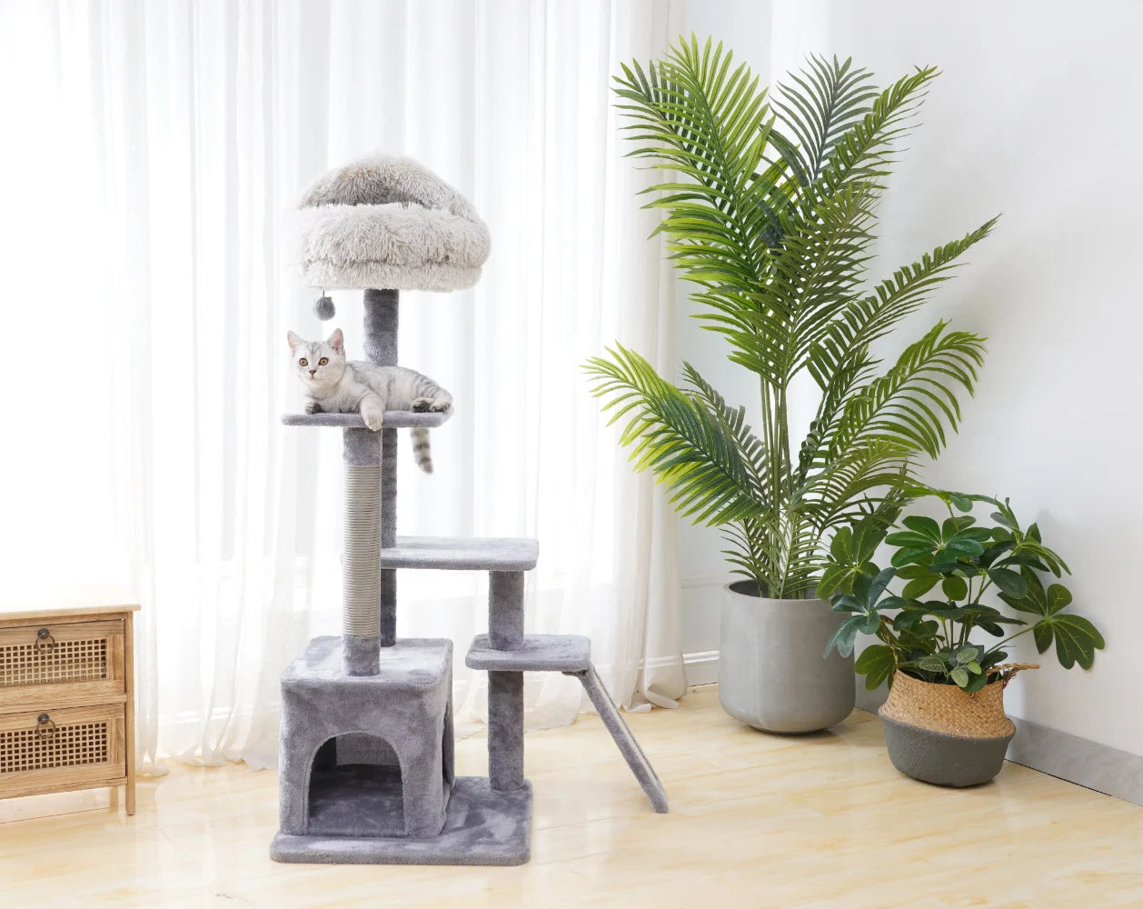 Árbol para gatos gris de 4 niveles con condominio y almohadilla para rascar, rascador para gatos de 48 pulgadas de altura, torre para árbol para gatos