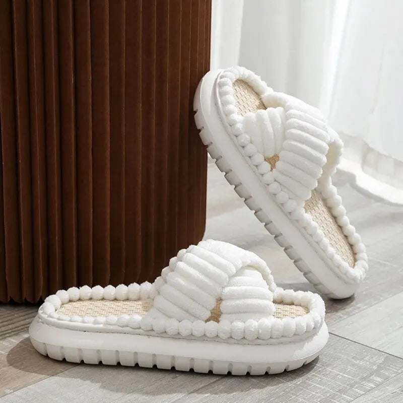 Women Spring Autumn Home Slippers Open-Toe Cross Band Linen Soled Indoor Slides Linen Soled Non-Slip Bathroom Slippers