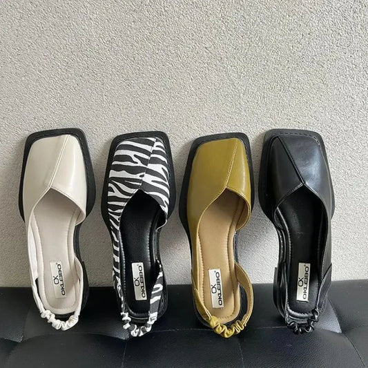 Sandalias elegantes de verano 2023 para mujer, zapatos de tacón plano con banda elástica a la moda para mujer, zapatos de fiesta poco profundos, tacón cuadrado 35-40, punta cuadrada