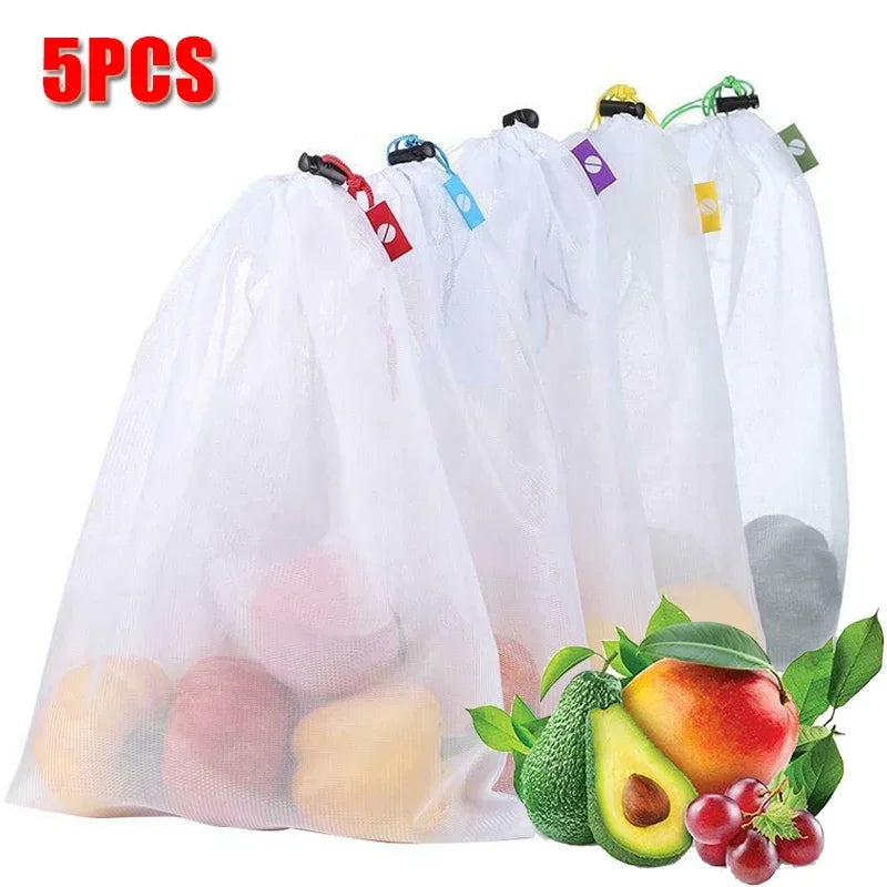 Bolsas de malla para almacenamiento de frutas y verduras, bolsas de red reutilizables, organizador de alimentos de cocina, juguetes lavables, bolsa de embalaje para almacenamiento de comestibles, 5 uds.