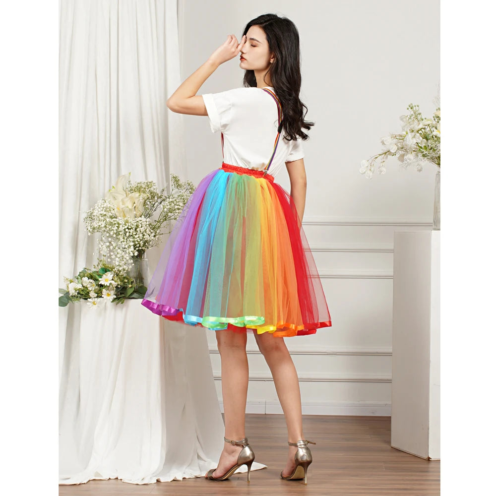 Jupe courte colorée arc-en-ciel pour femmes, bande élastique haute, 5 couches, Tulle doux, Tutu Crinoline, sous-jupe, robe de bal pour filles