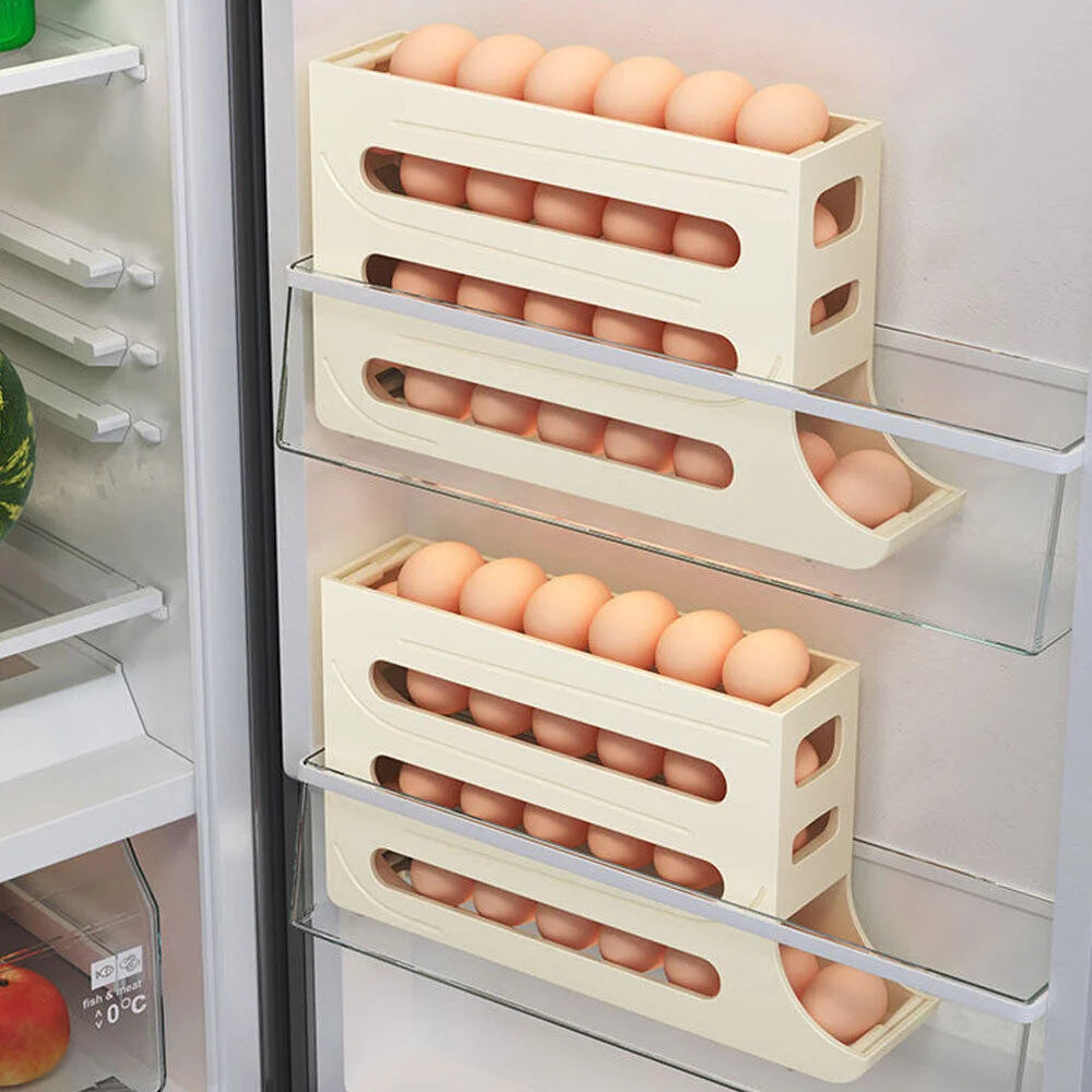 Rejilla para huevos con desplazamiento automático, caja de almacenamiento, contenedor de cesta para huevos, organizador enrollable, dispensador de huevos para refrigerador para Cocina