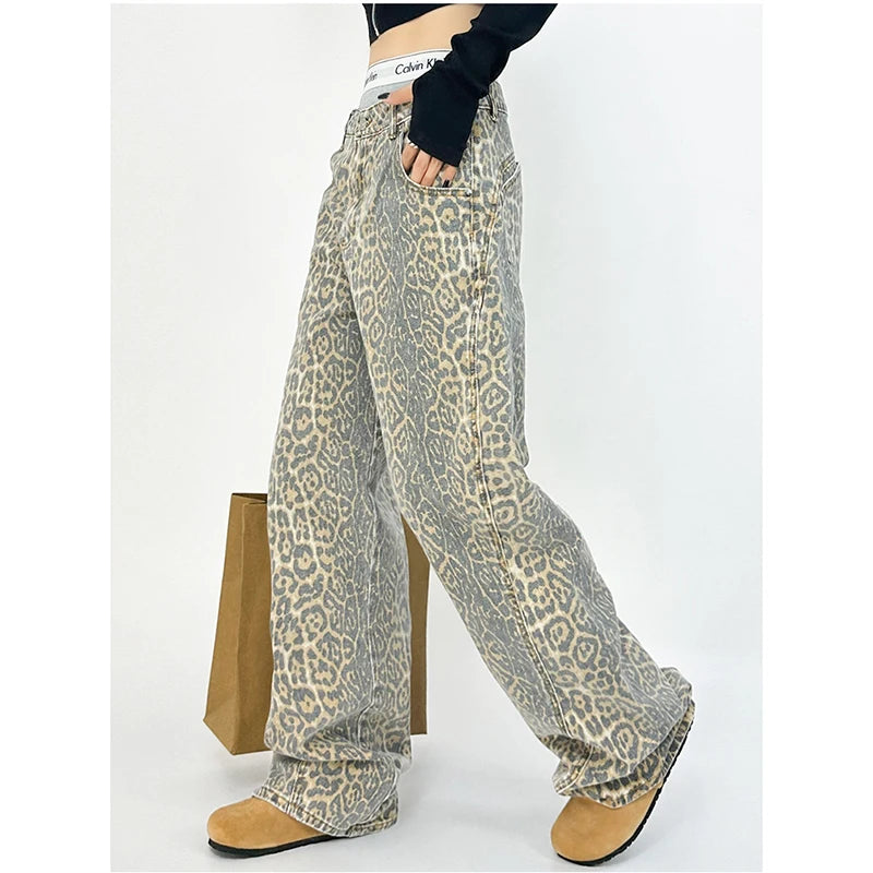 Monos informales Retro americanos para mujer, pantalones de pierna ancha holgados con estampado de leopardo, pantalones holgados estilo Hip-hop Y2k Cargo Grunge