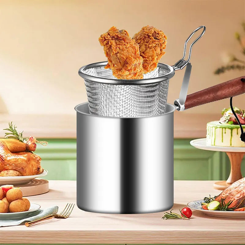 Wood Handle Kitchen Deep Frying Pot With Strainer Basket Stainless Steel Tempura French Fries Fryer Pot Chicken Fried Pan Cooker