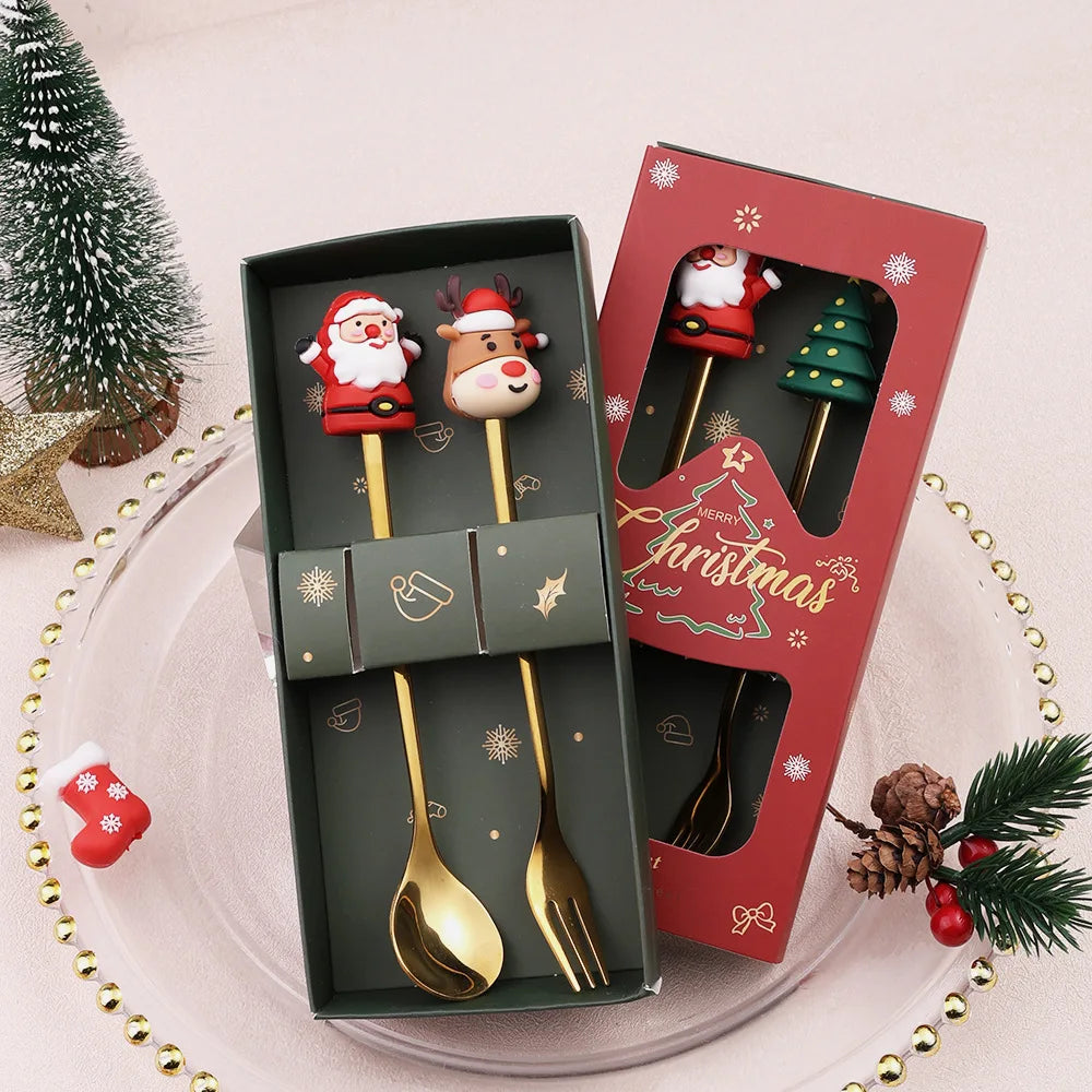 2pcs Christmas Gift Silver Glod Spoon Fork Set Elk Christmas Tree Decoration Dessert Scoop Fruit Fork Coffee Spoon Cutlery Set