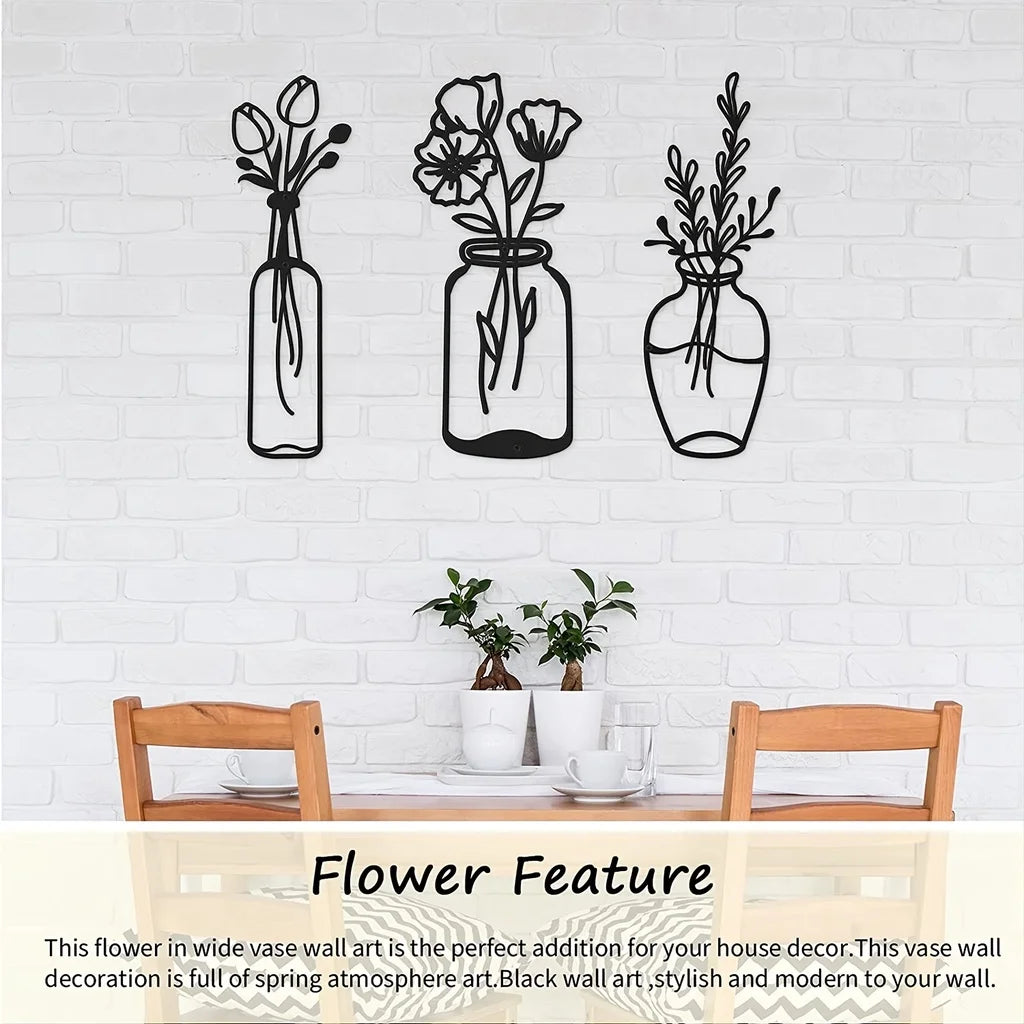 3pcs Metal Flower Wall Decor, Minimalist Vase Wall Art Black Tulip Wire Iron Decor, Floral Wall Sculpture For Kitchen Bathroom