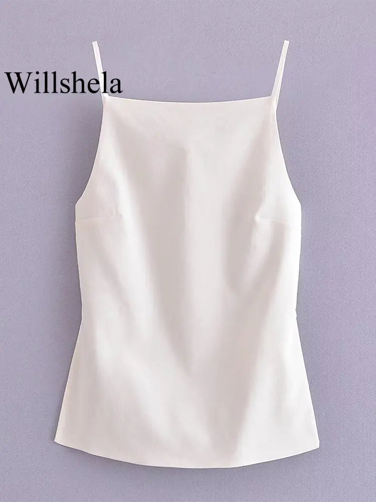 Willshela-camisola lisa con encaje y espalda al aire para mujer, Tops Vintage con tirantes finos y cuello cuadrado, Tops elegantes para mujer