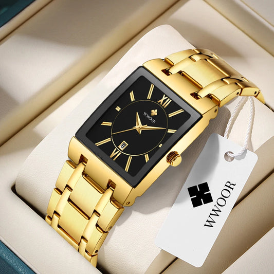 Reloj Masculino WWOOR, reloj dorado cuadrado para hombre, relojes de marca superior de lujo, reloj de pulsera resistente al agua de acero inoxidable de cuarzo dorado