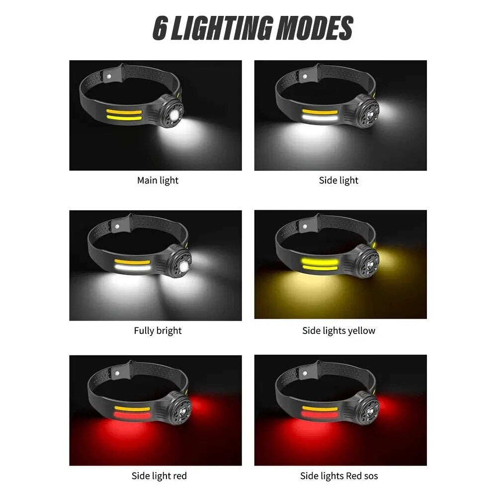 Linterna frontal LED recargable, luz de pesca, linterna de Camping, amplia gama de iluminación con fuente de luz de 3 colores blanco/rojo/amarillo