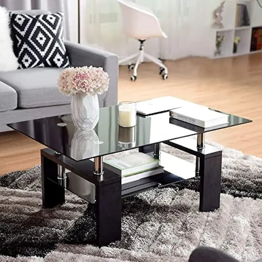 Comft Rectangle Side Glass Coffee Table, 2Tier Center Table Modern Black Side Coffee TableReception Room Office with Lower Shelf