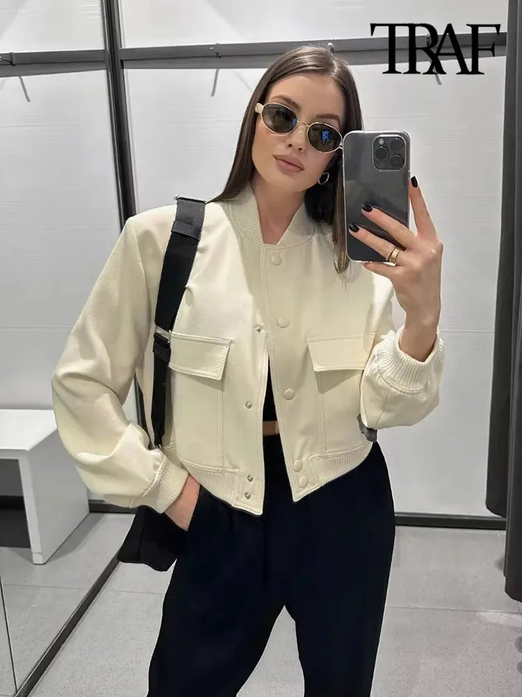 TRAF femmes mode avec poches Bomber veste manteaux Vintage à manches longues bouton avant décontracté vêtements de dessus pour femmes Chic hauts