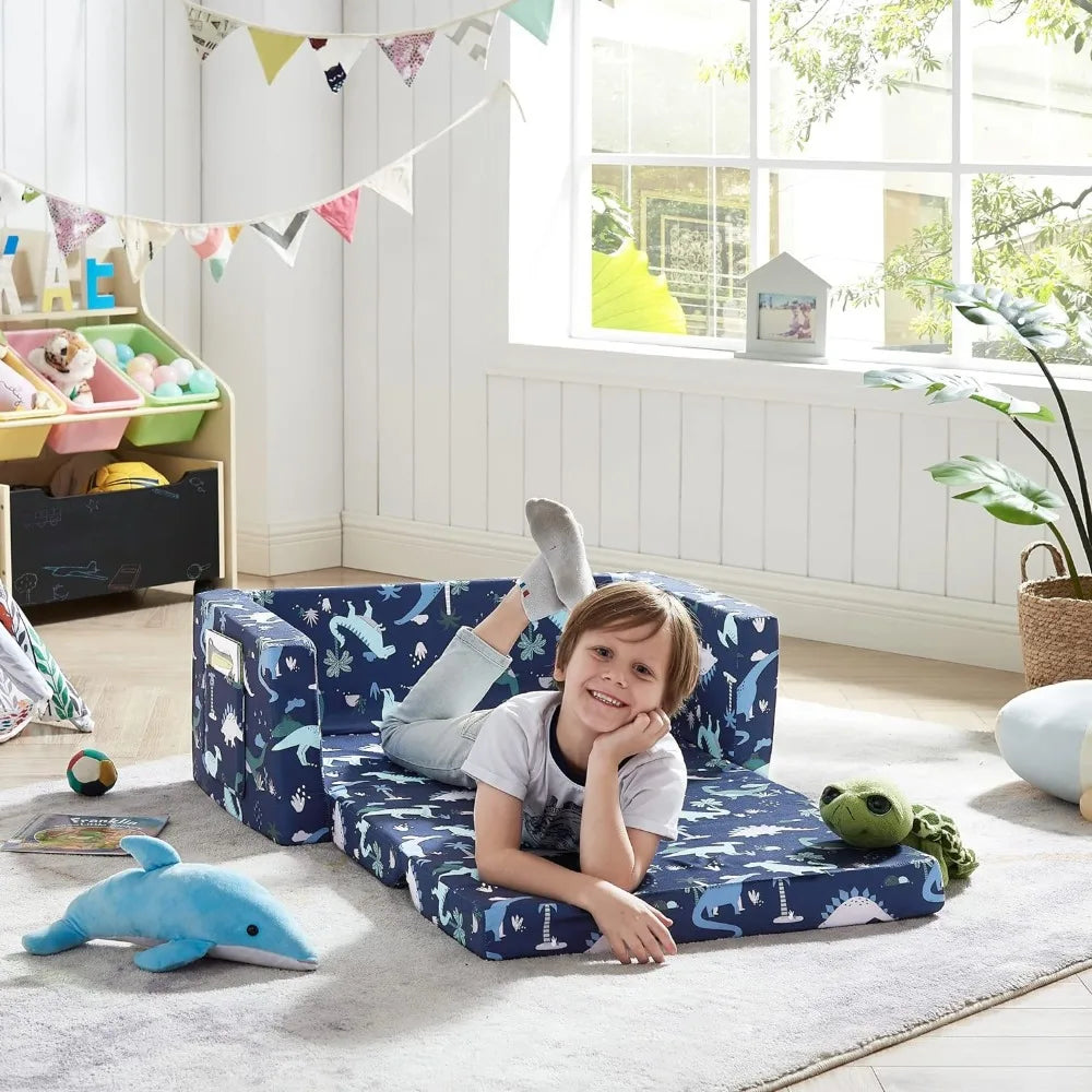 Ulax Furniture Canapé pliant pour enfants 2 en 1, canapé convertible en chaise longue avec tissu en peluche doux (dinosaure bleu marine)