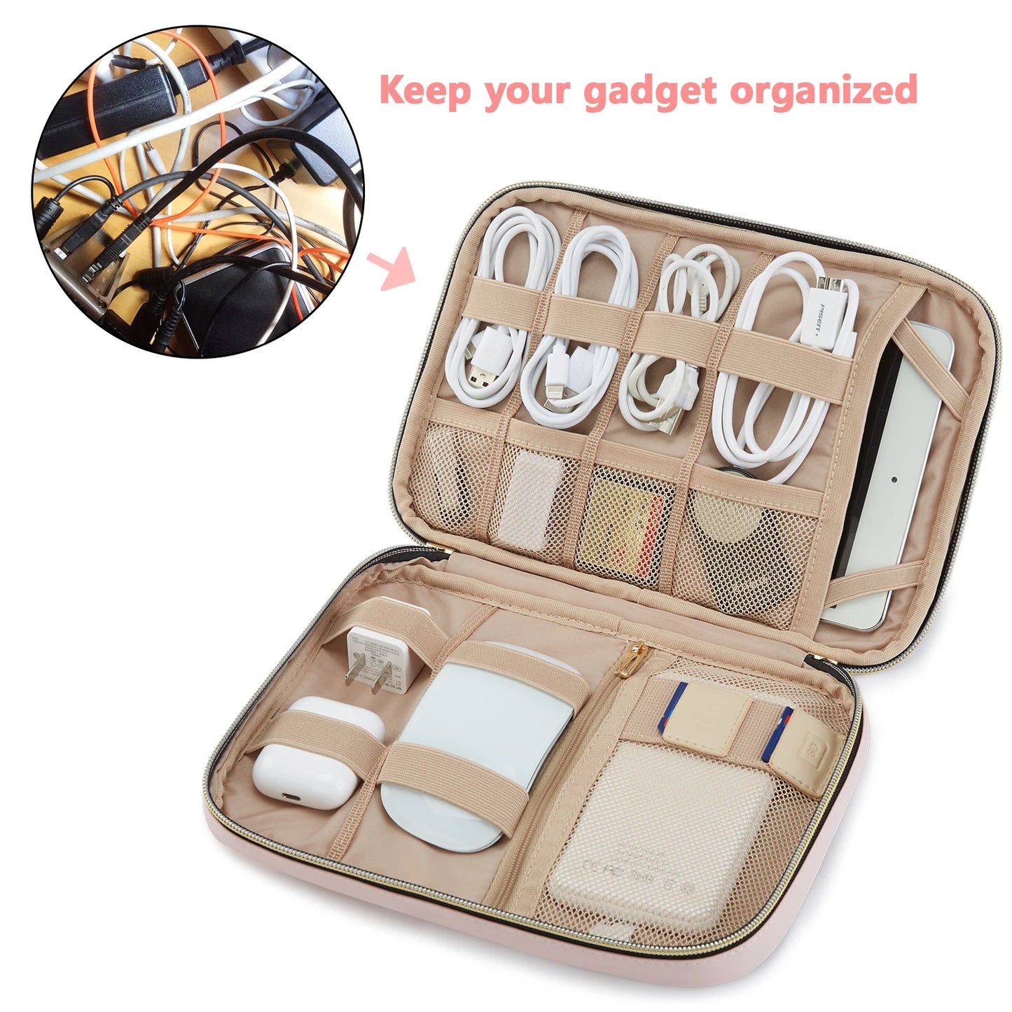 Organizador de cables de viaje BAGSMART, bolsa impermeable para dispositivos de viaje, cargador de batería, iPad, organizador de auriculares, elementos esenciales de viaje