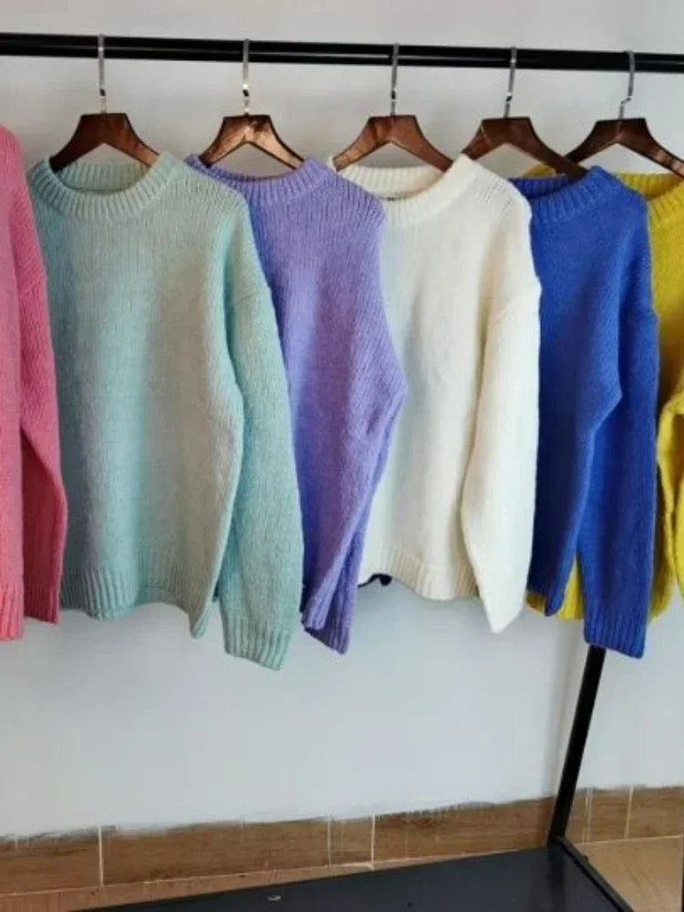 Suéter rosa de 10 colores para mujer, suéteres de invierno para mujer, jersey tejido para mujer, abrigo holgado de manga larga de punto blanco