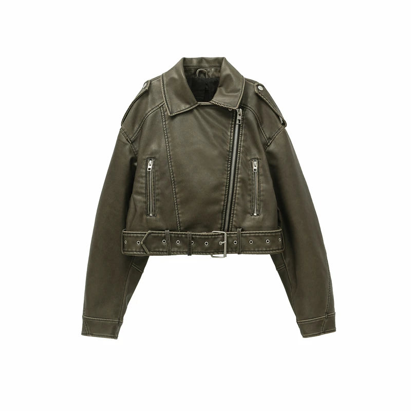 ZVRI – veste courte en Faux cuir Pu pour femme, Vintage, ample, avec ceinture, Streetwear, fermeture éclair, rétro, Moto Biker, vêtements d'extérieur, 2023